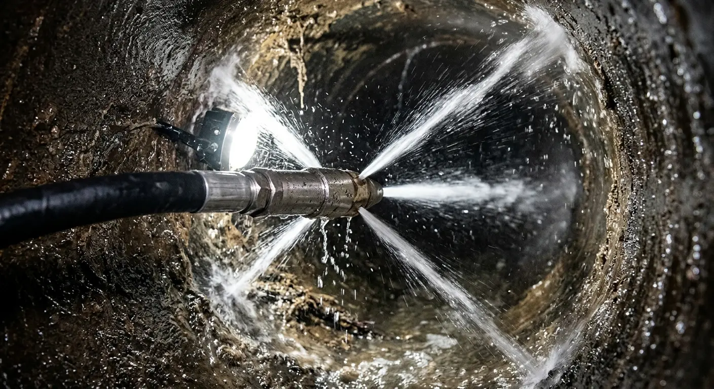 High-pressure hydro jetting nozzle cleaning sewer pipe for Emergency Drain Service in Almena