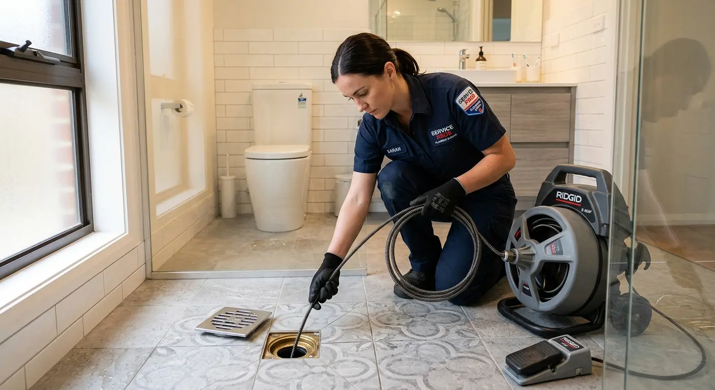 Technician clearing a bathroom floor drain for Drain Repair in Almena